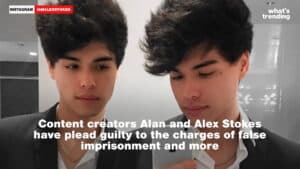 Content creators Alan and Alex Stokes wearing black suits with white shirts in a split photo.