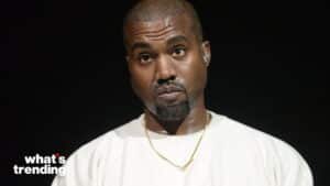 Kanye West wearing a white shirt and gold chain against a black background with "what's trending" text.
