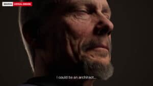 Close-up of a realistic digital human face with eyes closed, created using Unreal Engine, saying "I could be an architect..."