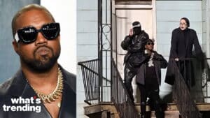 Kanye West wearing black sunglasses and chain necklace next to a photo of three people standing on a porch, one in a black mask.