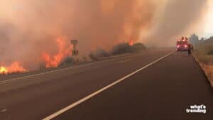 Wildfire burning alongside a highway with firefighters and a fire truck on the road.