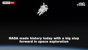 Astronaut floating in space above Earth with text about NASA's historic step in space exploration
