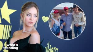 Sydney Sweeney in a black off-shoulder dress with a pearl necklace, inset of three people wearing casual clothes and red hats outdoors