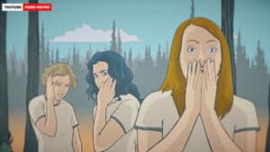 Three animated people in white shirts covering their mouths and ears in a forest setting