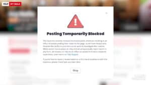Yelp notification stating posting temporarily blocked for Ivy Nails due to increased public attention and content investigation.