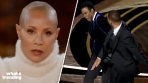 Jada Pinkett Smith in a white turtleneck and Will Smith slapping Chris Rock at an awards show stage