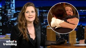 Drew Barrymore on a talk show with an inset of her emotional hug with a man.