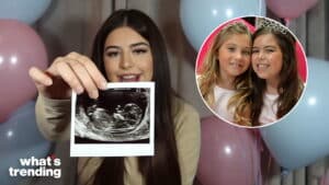 Woman holding ultrasound photo with inset of two young girls wearing tiaras and smiling against pink and blue balloons background