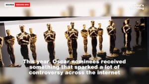 Multiple Oscar statuettes lined up with text about Oscar nominees sparking internet controversy