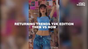 Woman wearing Y2K style blue crop top and baggy jeans posing in front of a collage wall with "Returning Trends Y2K Edition Then vs Now" text.