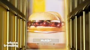 McDonald's McRib sandwich with barbecue sauce and onions, labeled as limited collection
