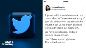 Tweet by Lindsay Fogarty about a Tennessee ice cream shop owner refusing service due to mask policy affecting her autistic son.