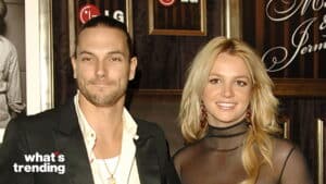 Kevin Federline and Britney Spears posing together at an event with "what's trending" text overlay