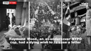 Three black and white photos showing NYPD officers, a large protest march, and activists with a flag during a civil rights event.