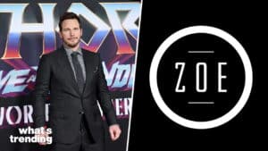 Chris Pratt posing at the Thor: Love and Thunder premiere with the Zoe logo on a black background.