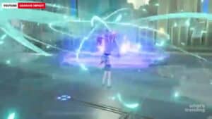 Genshin Impact character using an electric elemental attack with blue lightning effects.