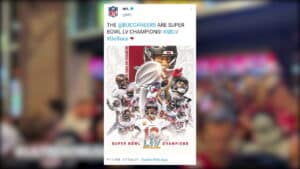 NFL tweet celebrating Tampa Bay Buccaneers as Super Bowl LV champions with players and Vince Lombardi Trophy collage.