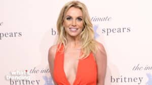 Britney Spears smiling in an orange dress at The Intimate Britney Spears event backdrop