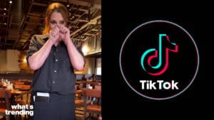 Woman in a restaurant wiping tears with TikTok logo and "what's trending" text on screen split background