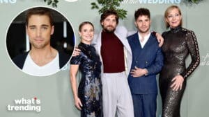 Kristen Bell, Ben Platt, Josh Groban, and Allison Janney posing at "The Prom" premiere with a headshot of actor Taylor Zakhar Perez.