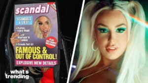 Woman holding a "Scandal" magazine cover with her face in the cutout and a close-up of a woman with blonde hair and green eye makeup