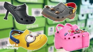 Four unique Crocs styles including black high-heel, dinosaur-themed, Minion yellow, and pink platform with charms.