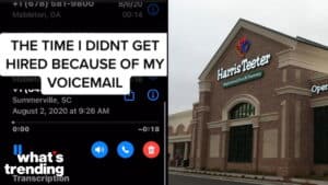 Voicemail screenshot titled "The time I didn't get hired because of my voicemail" and Harris Teeter grocery store exterior.