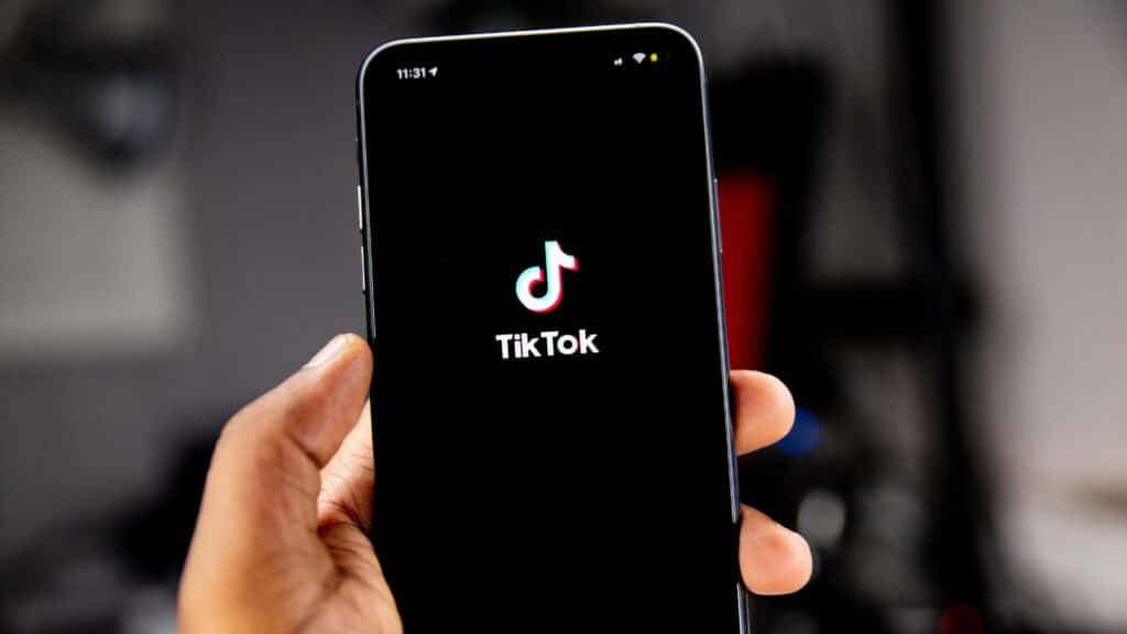 Hand holding smartphone displaying TikTok app loading screen against blurred background