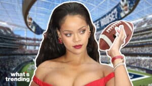 Rihanna in a red dress holding a football in a stadium with "what's trending" text.