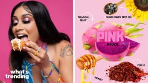 Cardi B eating fried chicken with pink sauce next to ingredients dragon fruit, sunflower seed oil, honey, and chili labeled on pink background