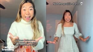 Woman in a white sweater and floral skirt on left, and in a green gingham prairie dress on right, smiling indoors