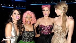 Selena Gomez, Nicki Minaj, Katy Perry, and Taylor Swift posing with surprised expressions and blowing bubblegum.