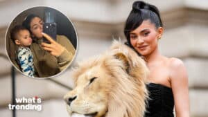 Kylie Jenner posing with a lion and a circular inset of her taking a selfie with her child wearing shark pajamas.