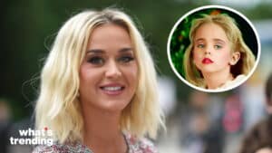 Katy Perry smiling outdoors with inset photo of young girl with blonde hair and red lipstick