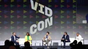 Mehdi Hasan, President of MSNBC Rashida Jones, Jacob Soboroff, Chris Hayes and Symone D. Sanders appear on stage at 2022 VidCon at Anaheim Convention Center on June 24, 2022 in Anaheim, California.