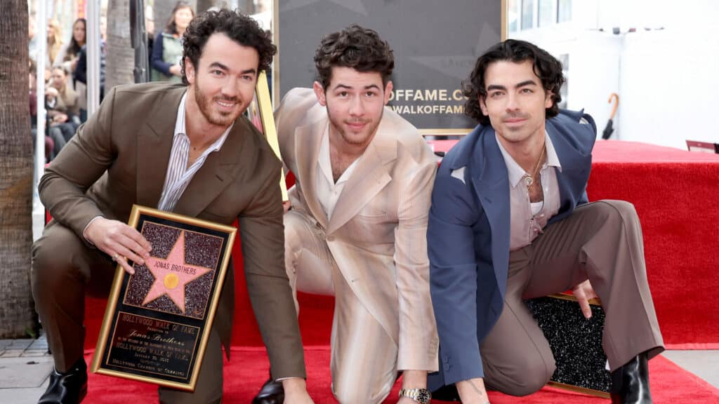 Kevin Jonas, Nick Jonas, and Joe Jonas of The Jonas Brothers attend The Hollywood Walk of Fame star ceremony honoring The Jonas Brothers on January 30, 2023 in Hollywood, California. 