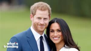 Prince Harry and Meghan Markle smiling together outdoors with "what's trending" text in the corner