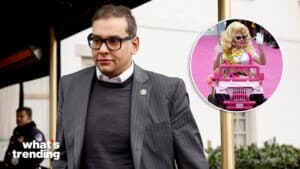 Matt Gaetz walking outside a building with an inset of Trixie Mattel in drag driving a pink toy car on a pink carpet.