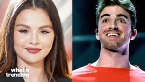 Selena Gomez smiling in a close-up and a man with earbuds smiling on stage wearing a red shirt