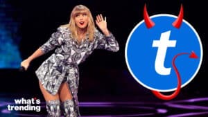 Taylor Swift performing on stage with a devil-horned Tumblr logo and "what's trending" text.
