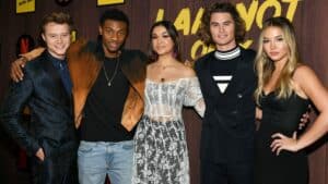 Rudy Pankow, Jonathan Daviss, Madison Bailey, Chase Stokes and Madelyn Cline attend Netflix's "I Am Not Okay With This" Photocall at The London West Hollywood on February 25, 2020 in West Hollywood, California.