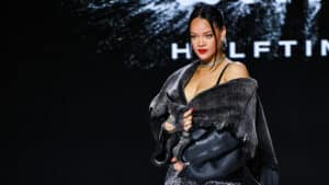 Rihanna poses for photos after the Super Bowl LVII Apple Music Halftime Show press conference held at the Phoenix Convention Center.