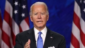 Democratic presidential nominee Joe Biden speaks on the fourth night of the Democratic National Convention from the Chase Center on August 20, 2020 in Wilmington, Delaware. The convention, which was once expected to draw 50,000 people to Milwaukee, Wisconsin, is now taking place virtually due to the coronavirus pandemic.