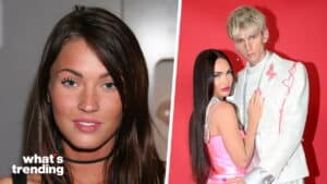 Megan Fox and Machine Gun Kelly posing together against a red background, Megan in a pink dress and Machine Gun Kelly in a white suit.