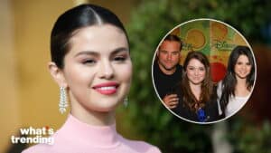 Selena Gomez smiling in a pink top with inset of young Selena Gomez and co-stars at a Disney Channel event