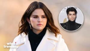 Selena Gomez in a white coat with an inset photo of Zayn Malik in a black outfit.