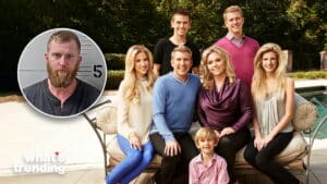 The Chrisley family posing outdoors by a pool with an inset mugshot of a bearded man against a height chart.