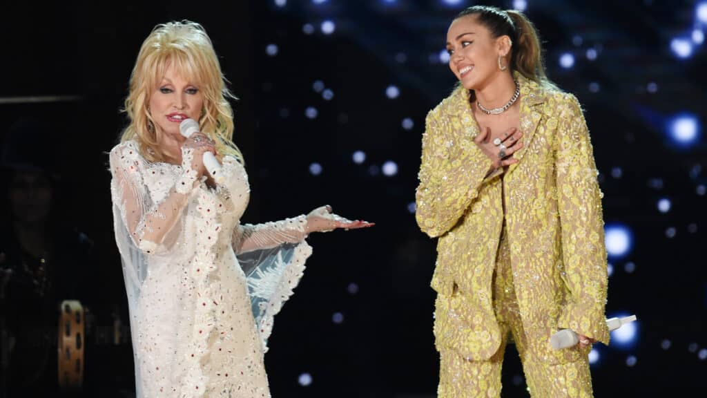 Dolly Parton (L) and Miley Cyrus perform onstage during the 61st Annual GRAMMY Awards at Staples Center on February 10, 2019 in Los Angeles, California.