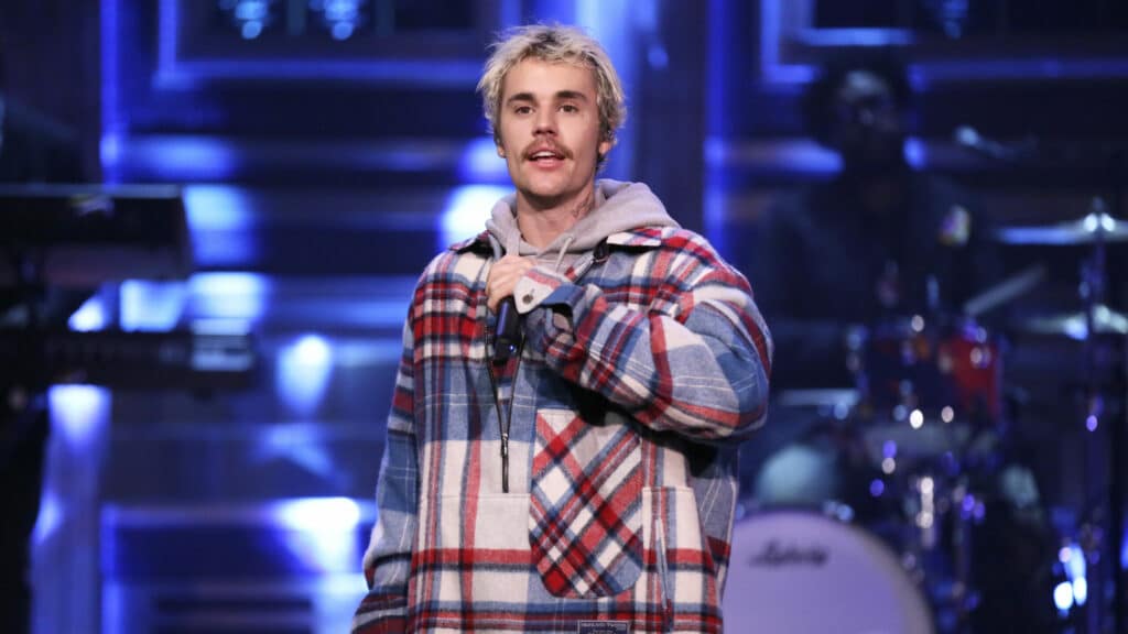 Musical guest Justin Bieber featuring Quavo (not pictured) performs on February 14, 2020