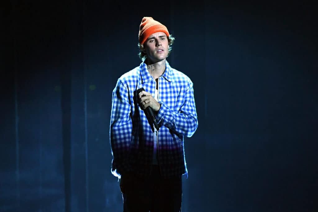 In this image released on November 22, Justin Bieber performs onstage for the 2020 American Music Awards at Microsoft Theater on November 22, 2020 in Los Angeles, California. 